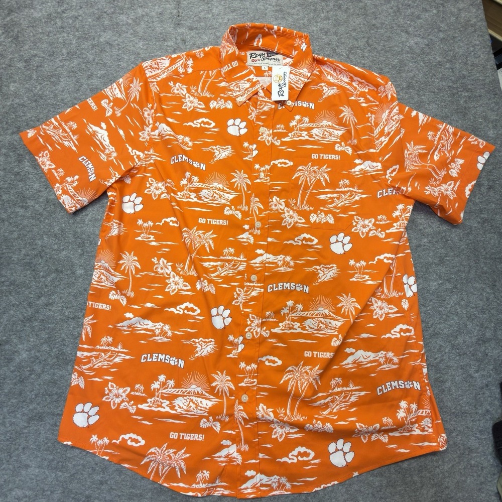 Reyn Spooner Button Up Men L Clemson Tigers Nylon Spandex Orange Tropical.